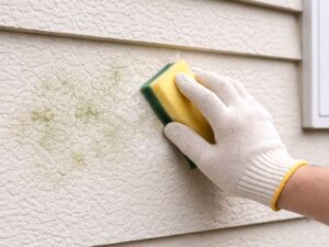 外壁に付着したカビをスポンジで落としている瞬間