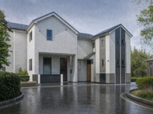 雨に濡れるシックな装いの邸宅