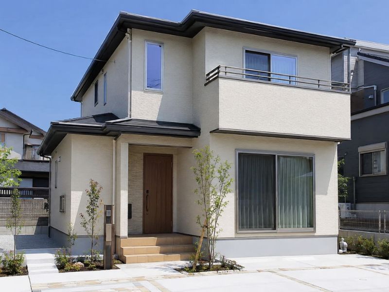 日に当たるアイボリーの外壁をした一般住宅
